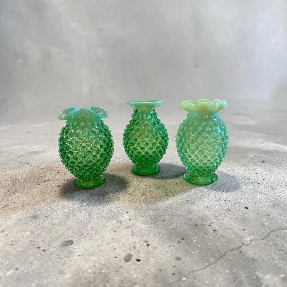 Vintage Fenton Hobnail Vaseline Uranium Glass Bud Vase Set of 3 Green Glow #07